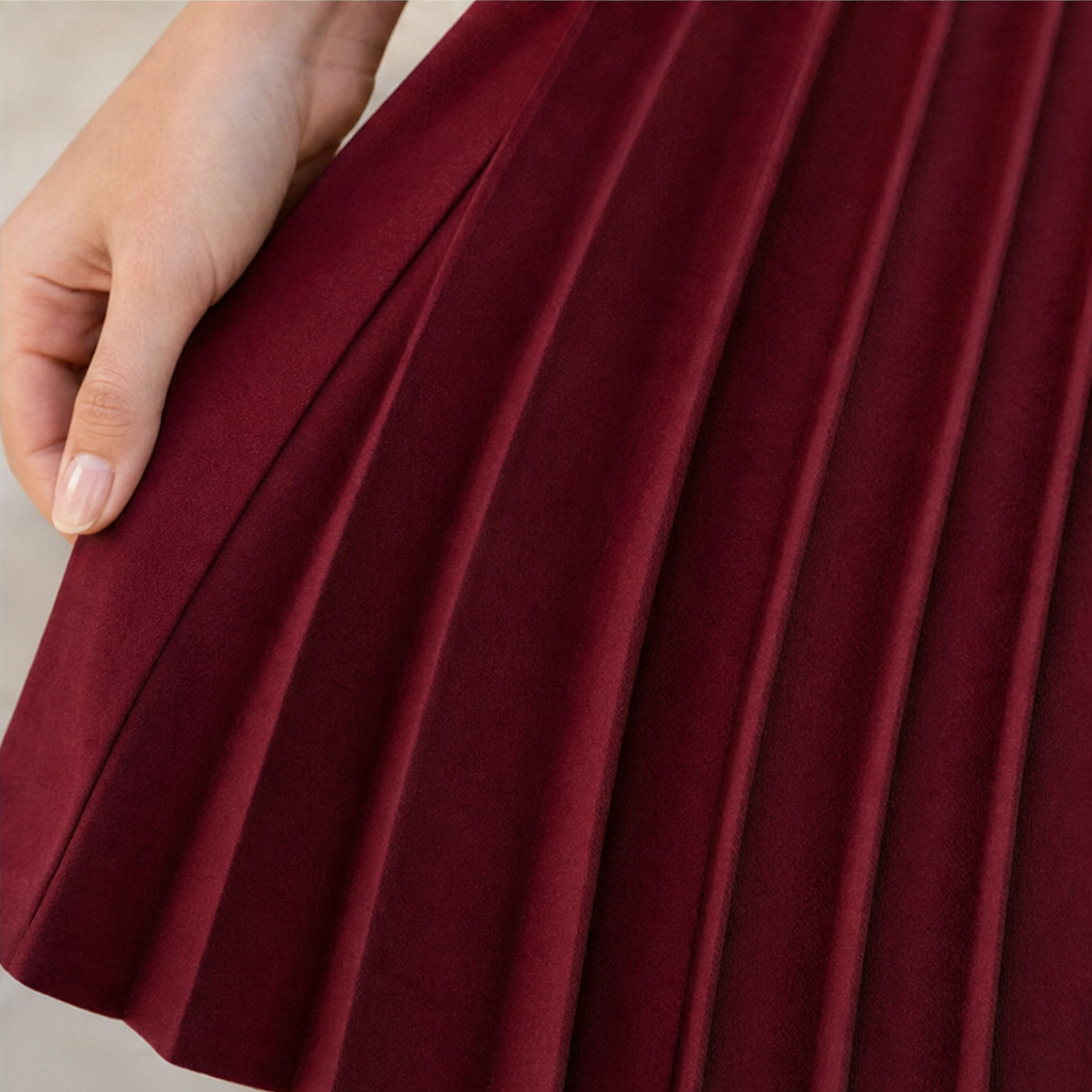 Kleid Damen rot tailliert mit Plisseefalten und langen Ärmeln - 10 - Atelier-Zofia