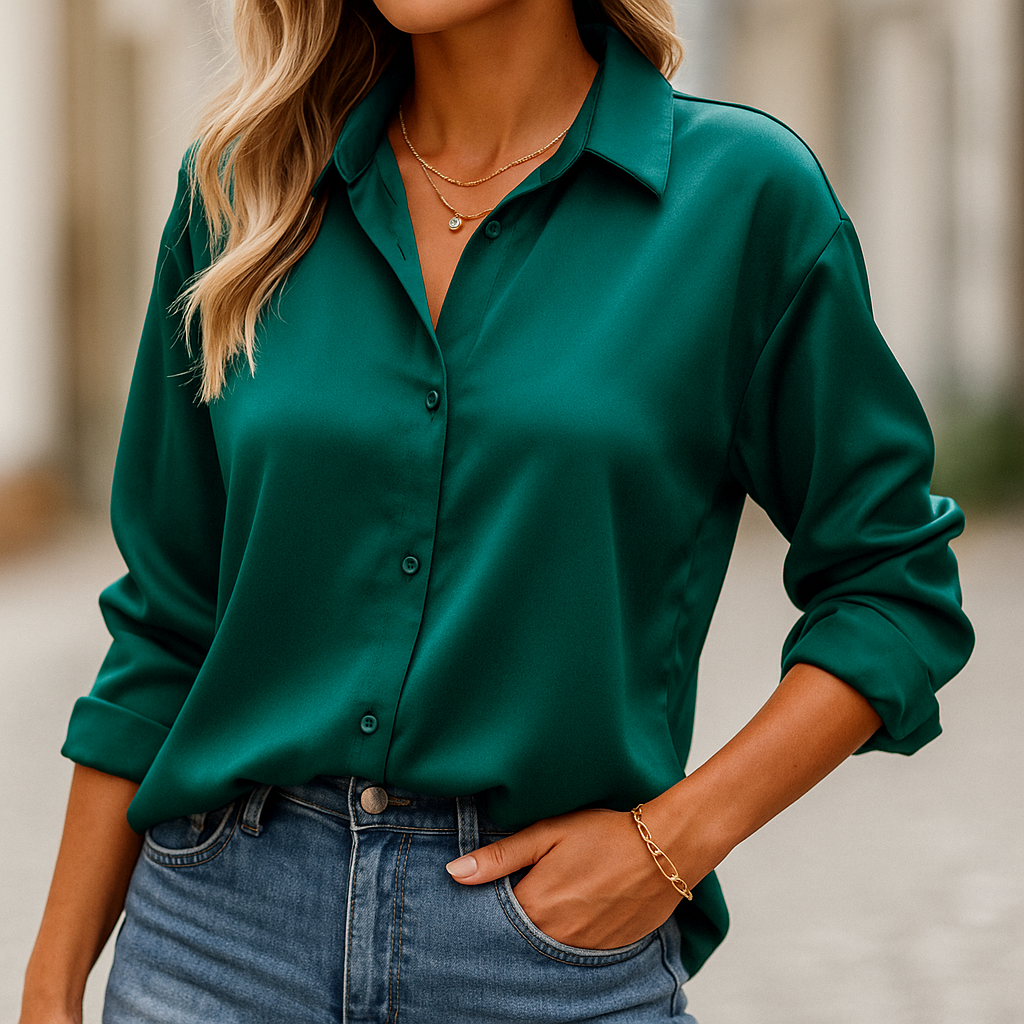 Bluse Damen grün tailliert mit langen Ärmeln und klassischem Kragen - 3 - Atelier-Zofia