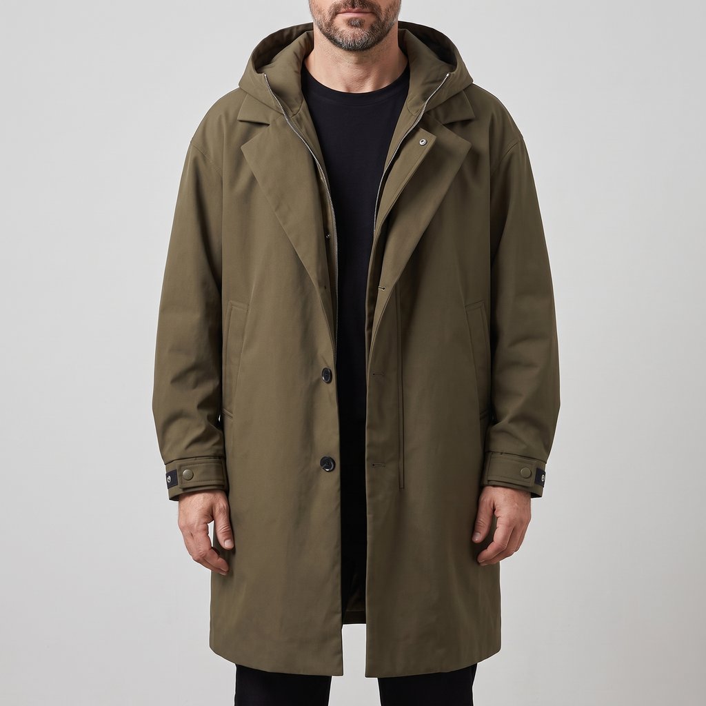 Jacke Herren olivgrün tailliert mit Kapuze und Knopfleiste - 1 - Atelier-Zofia