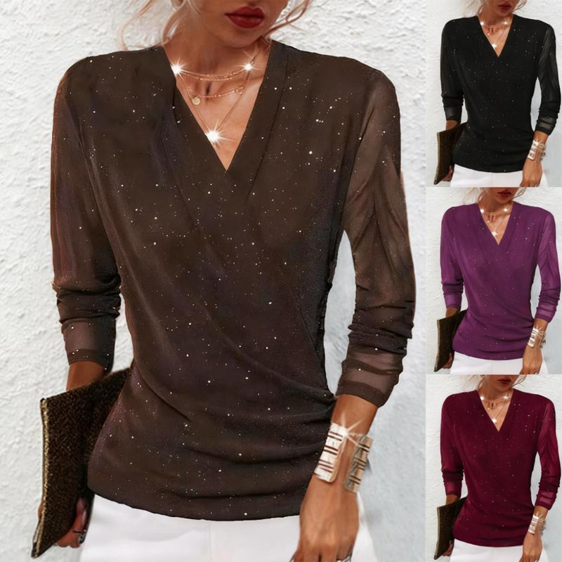 Bluse Damen schwarz figurbetont mit V-Ausschnitt und langen Ärmeln - 1 - Atelier-Zofia