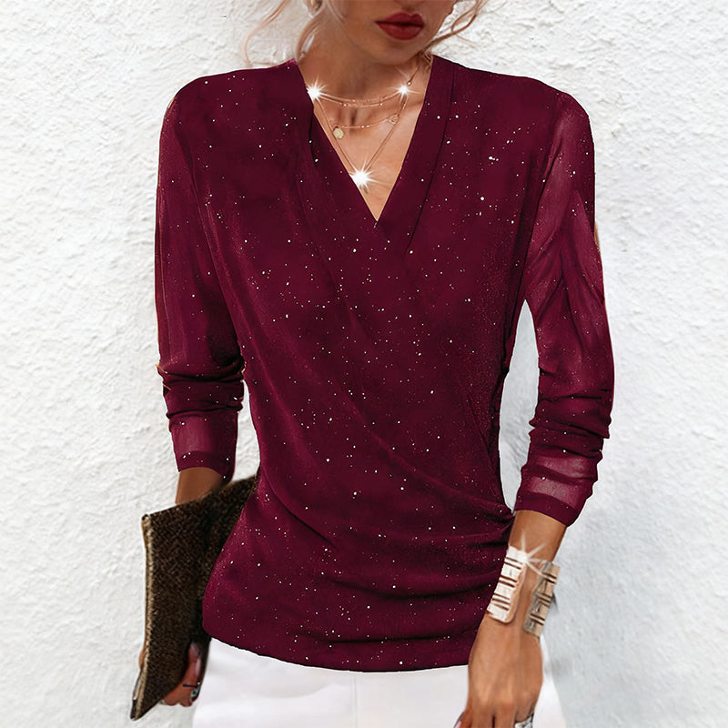 Bluse Damen schwarz figurbetont mit V-Ausschnitt und langen Ärmeln - 2 - Atelier-Zofia