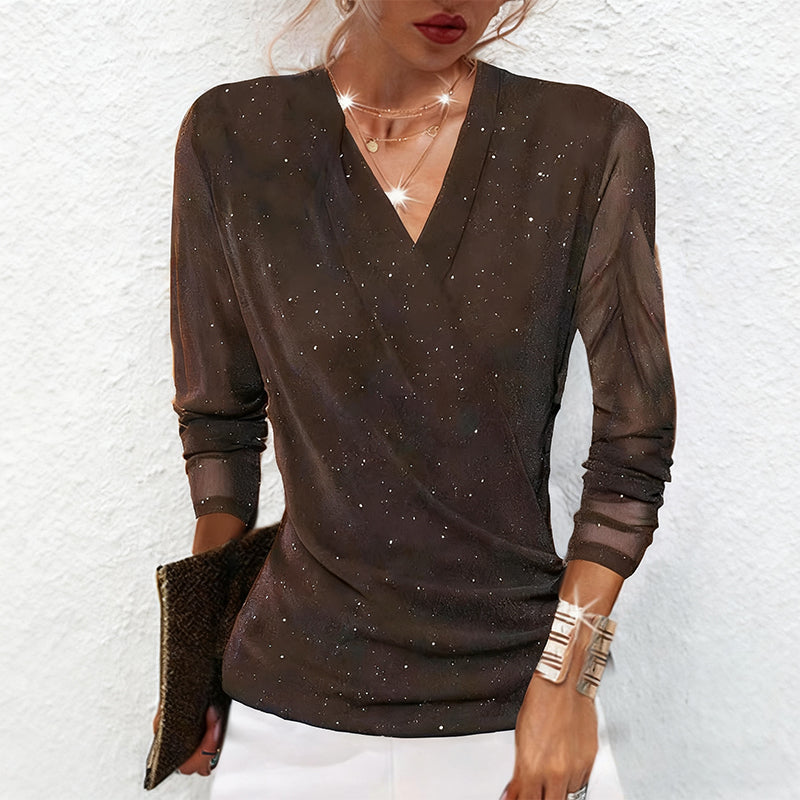 Bluse Damen schwarz figurbetont mit V-Ausschnitt und langen Ärmeln - 3 - Atelier-Zofia