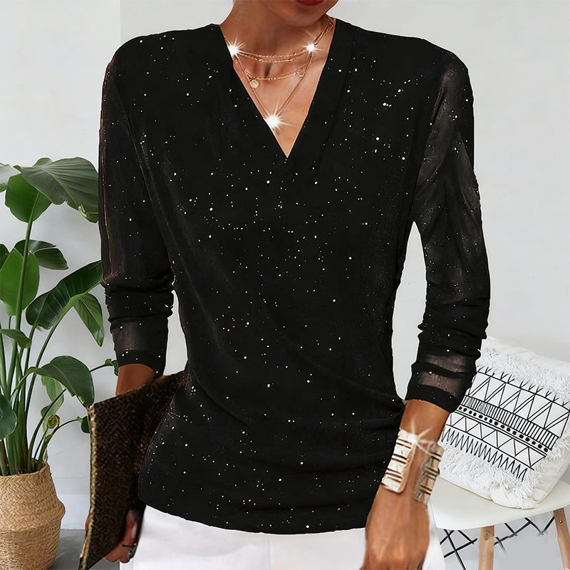 Bluse Damen schwarz figurbetont mit V-Ausschnitt und langen Ärmeln - 4 - Atelier-Zofia