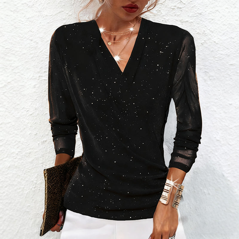 Bluse Damen schwarz figurbetont mit V-Ausschnitt und langen Ärmeln - 7 - Atelier-Zofia