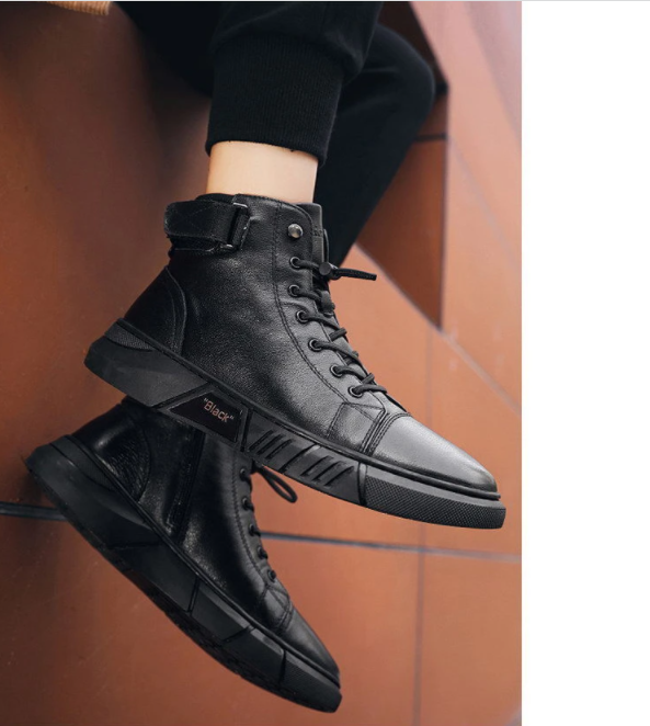 Boots Damen schwarz hoch mit Schnürung und seitlichem Riemen - 6 - Atelier-Zofia