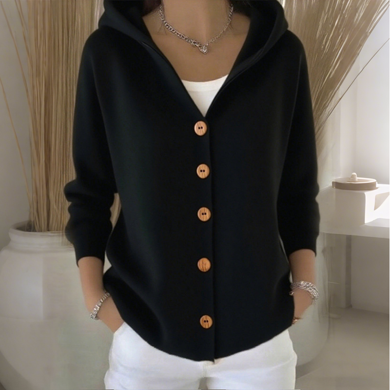 Cardigan Damen schwarz mit Kapuze und Knopfverschluss - 3 - Atelier-Zofia