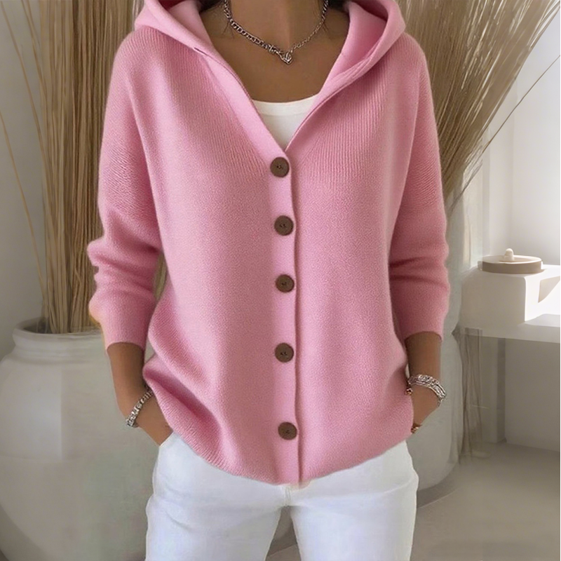 Cardigan Damen schwarz mit Kapuze und Knopfverschluss - 5 - Atelier-Zofia