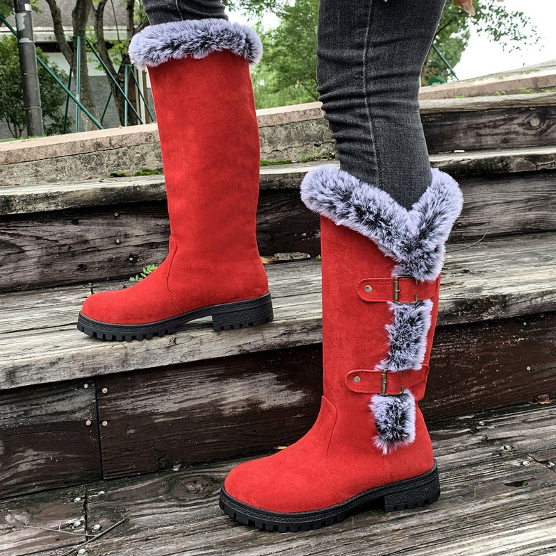 Stiefel Damen rot figurbetont mit Fellbesatz und Schnallen - 2 - Atelier-Zofia