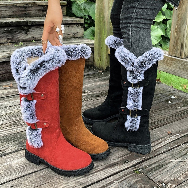 Stiefel Damen rot figurbetont mit Fellbesatz und Schnallen - 3 - Atelier-Zofia