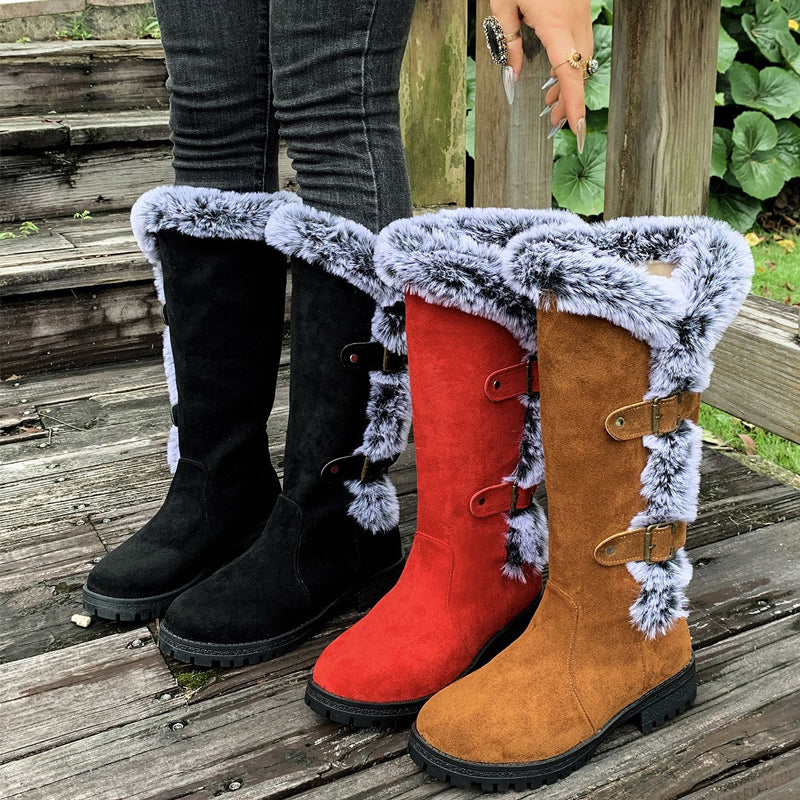 Stiefel Damen rot figurbetont mit Fellbesatz und Schnallen - 6 - Atelier-Zofia