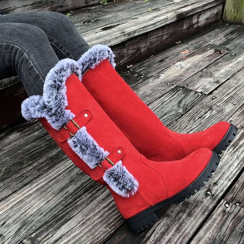 Stiefel Damen rot figurbetont mit Fellbesatz und Schnallen - 7 - Atelier-Zofia