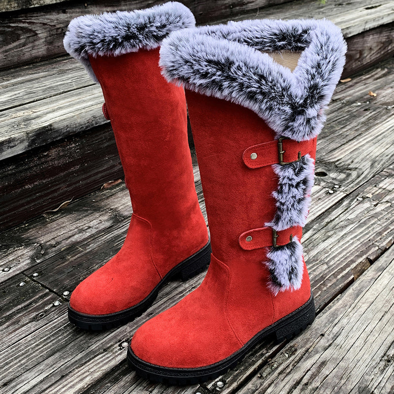 Stiefel Damen rot figurbetont mit Fellbesatz und Schnallen - 11 - Atelier-Zofia