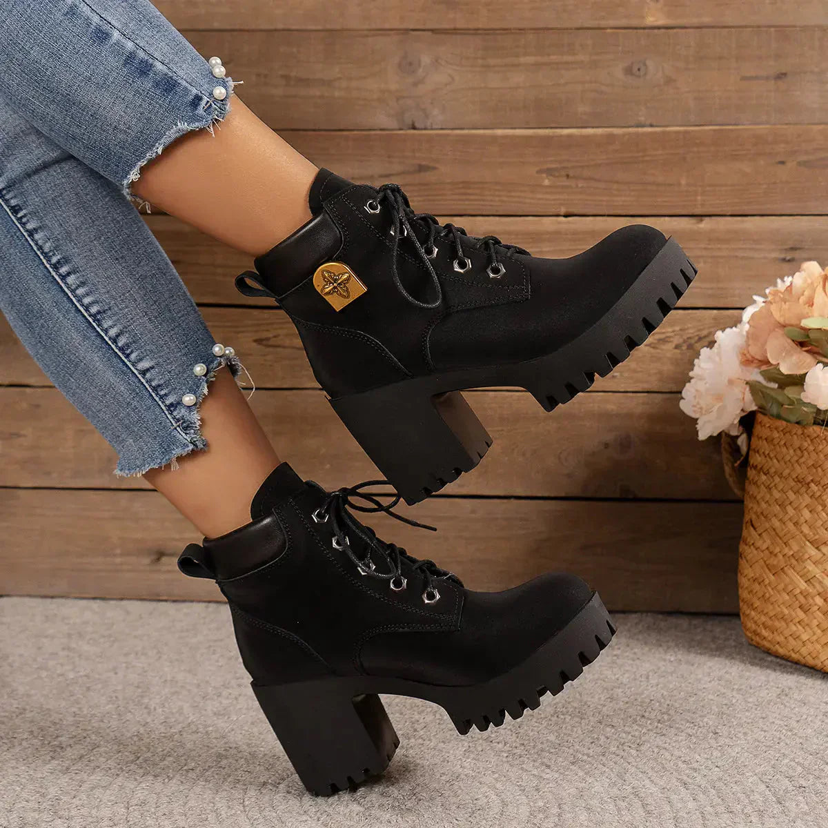 Damen Boots schwarz mit Blockabsatz und Schnürverschluss - 7 - Atelier-Zofia