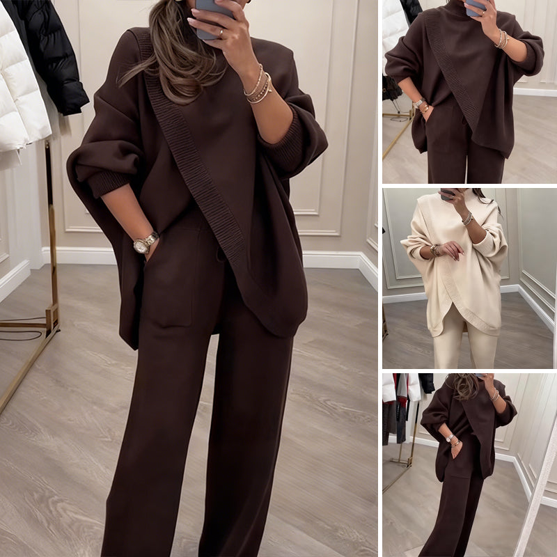 Outfit Damen beige weit geschnitten mit asymmetrischem Pullover - 1 - Atelier-Zofia
