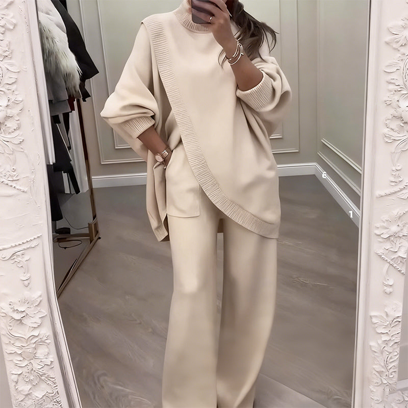 Outfit Damen beige weit geschnitten mit asymmetrischem Pullover - 2 - Atelier-Zofia