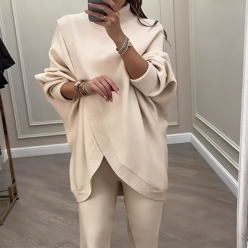 Outfit Damen beige weit geschnitten mit asymmetrischem Pullover - 5 - Atelier-Zofia