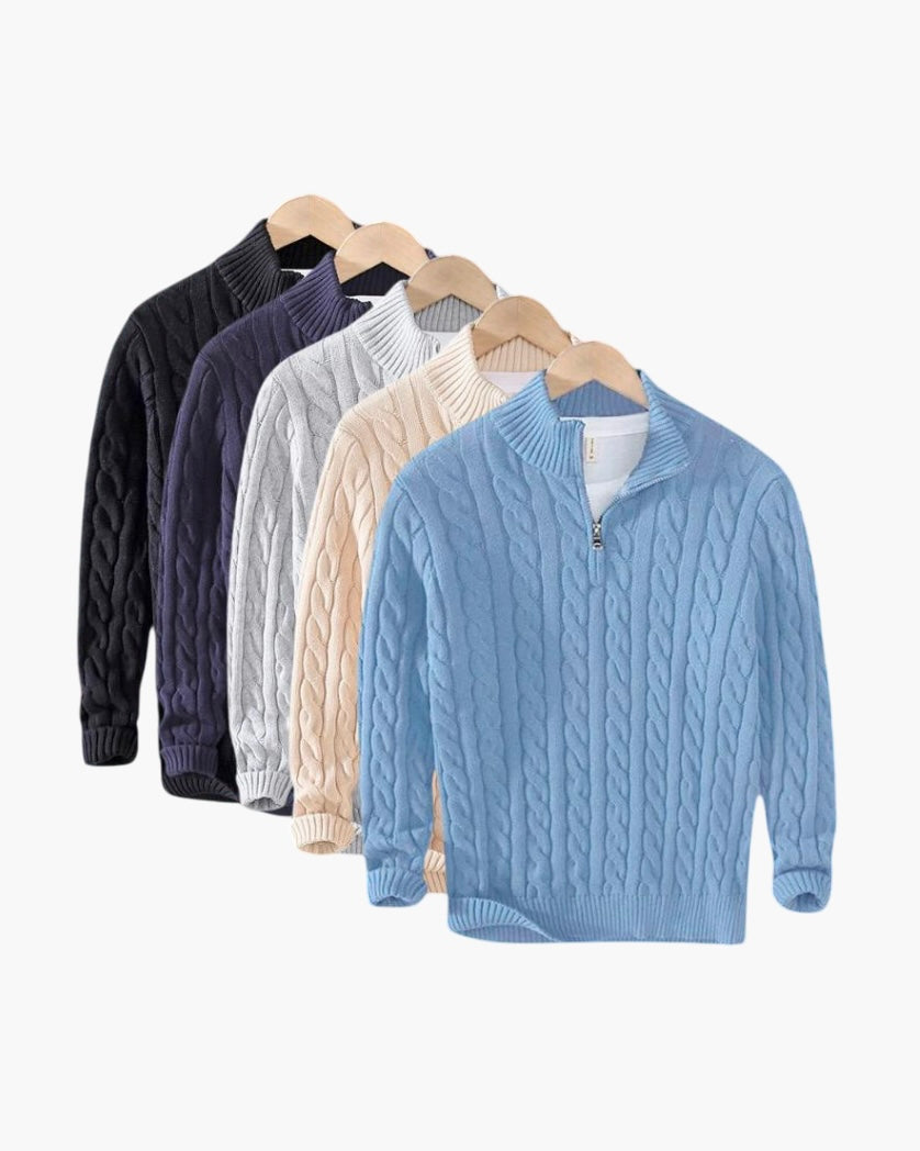 Pullover Herren blau mit Zopfdesign und Reißverschluss - 1 - Atelier-Zofia