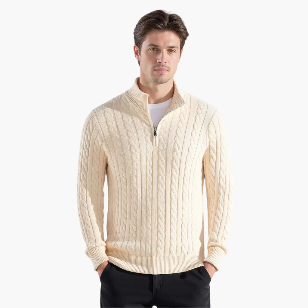 Pullover Herren blau mit Zopfdesign und Reißverschluss - 3 - Atelier-Zofia