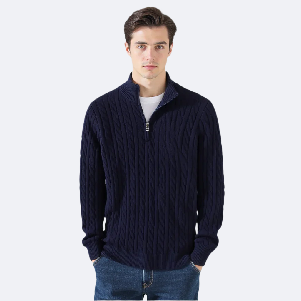 Pullover Herren blau mit Zopfdesign und Reißverschluss - 5 - Atelier-Zofia