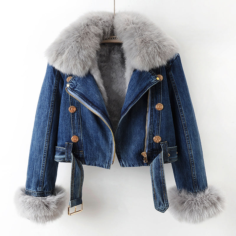 Jacke Damen blau tailliert mit Kunstfellkragen und -ärmeln - 1 - Atelier-Zofia