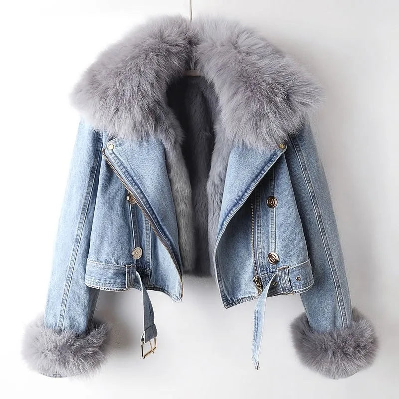 Jacke Damen blau tailliert mit Kunstfellkragen und -ärmeln - 2 - Atelier-Zofia