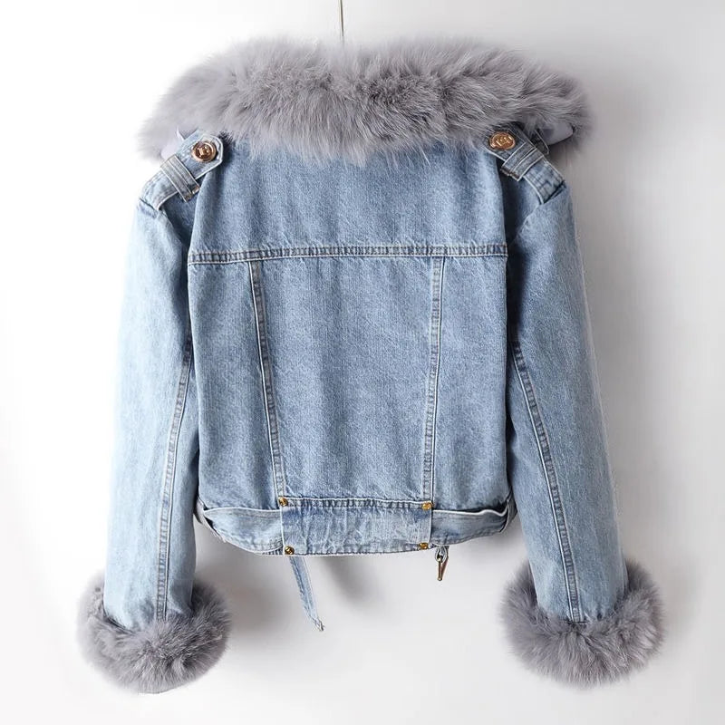 Jacke Damen blau tailliert mit Kunstfellkragen und -ärmeln - 3 - Atelier-Zofia