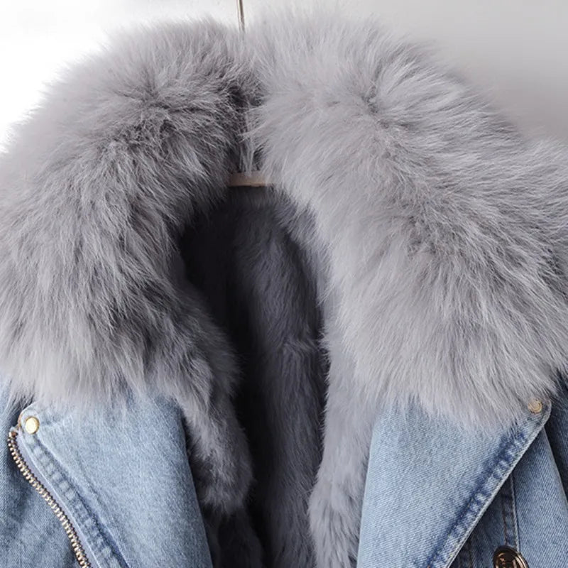 Jacke Damen blau tailliert mit Kunstfellkragen und -ärmeln - 5 - Atelier-Zofia