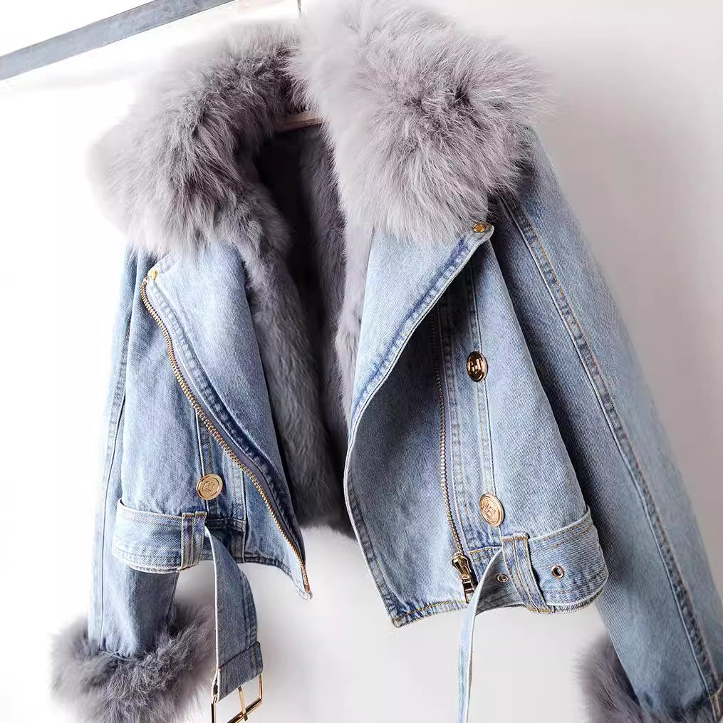 Jacke Damen blau tailliert mit Kunstfellkragen und -ärmeln - 6 - Atelier-Zofia