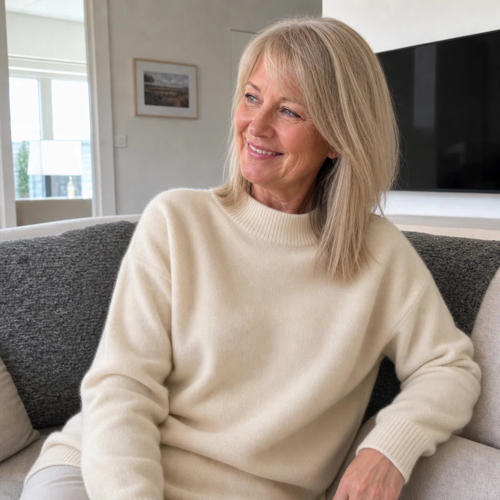 Pullover Damen beige mit klassischem Rundhals und lockerer Passform - 4 - Atelier-Zofia