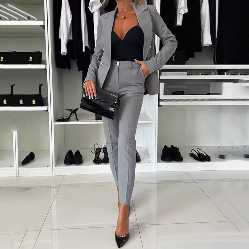 Blazer Damen grau figurbetont mit doppelten Knöpfen - 5 - Atelier-Zofia