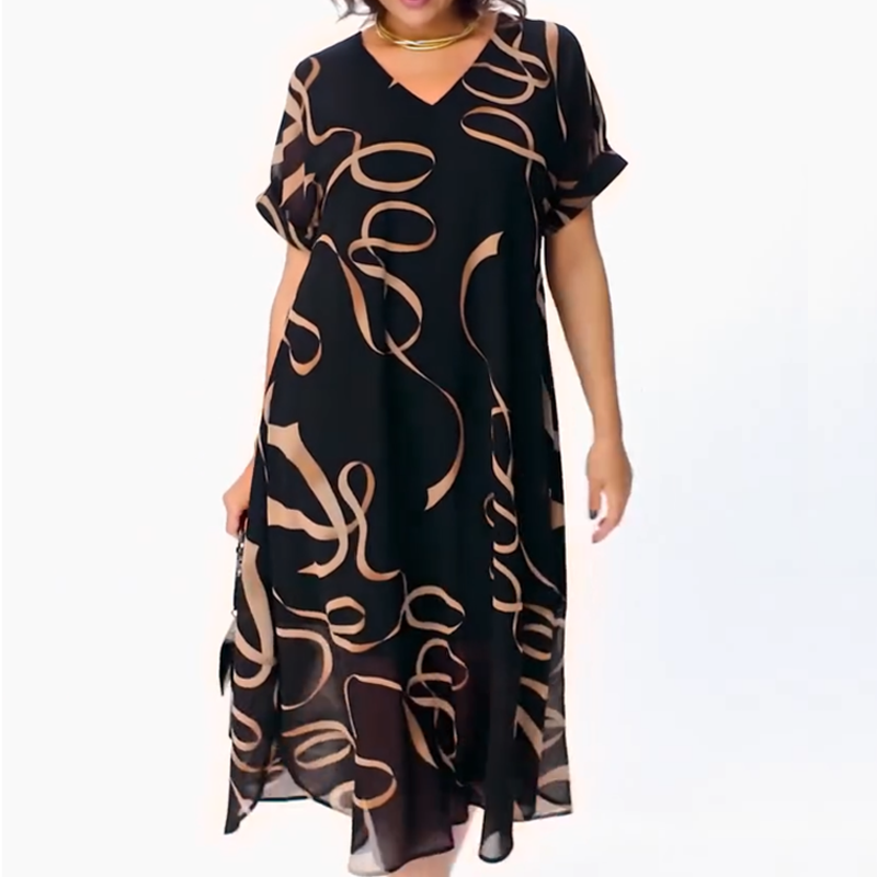 Maxikleid Damen schwarz mit V-Ausschnitt und kurzen Ärmeln - 2 - Atelier-Zofia