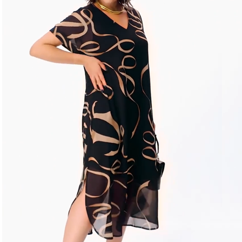 Maxikleid Damen schwarz mit V-Ausschnitt und kurzen Ärmeln - 5 - Atelier-Zofia