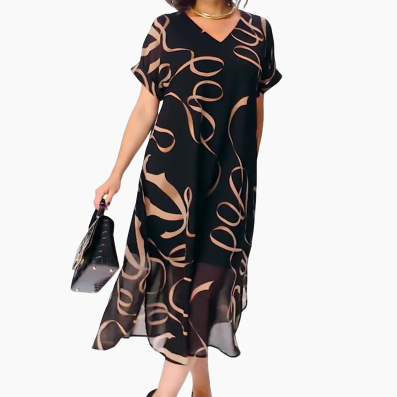 Maxikleid Damen schwarz mit V-Ausschnitt und kurzen Ärmeln - 6 - Atelier-Zofia