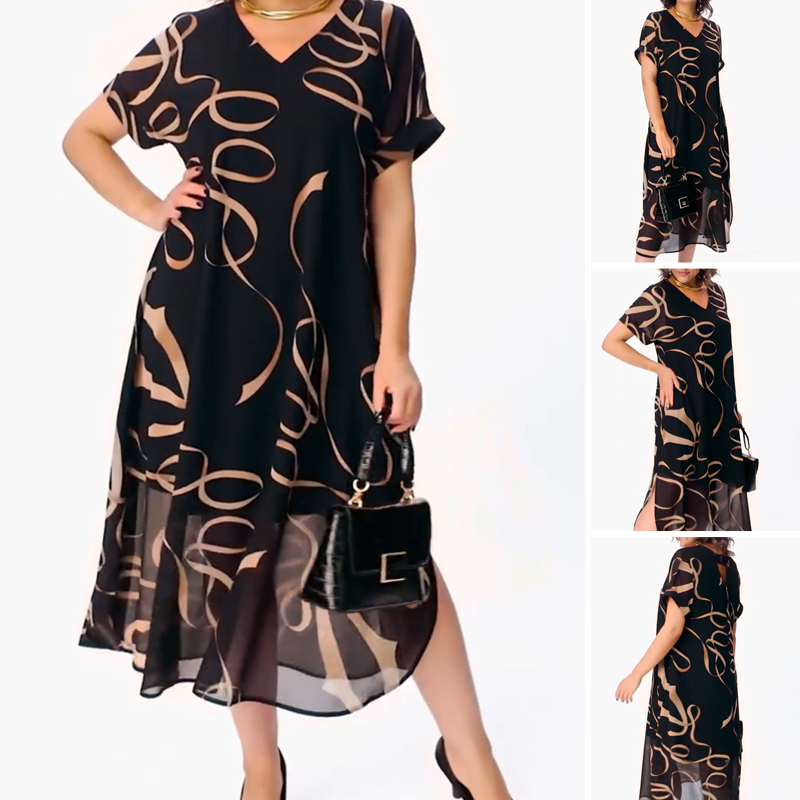 Maxikleid Damen schwarz mit V-Ausschnitt und kurzen Ärmeln - 7 - Atelier-Zofia