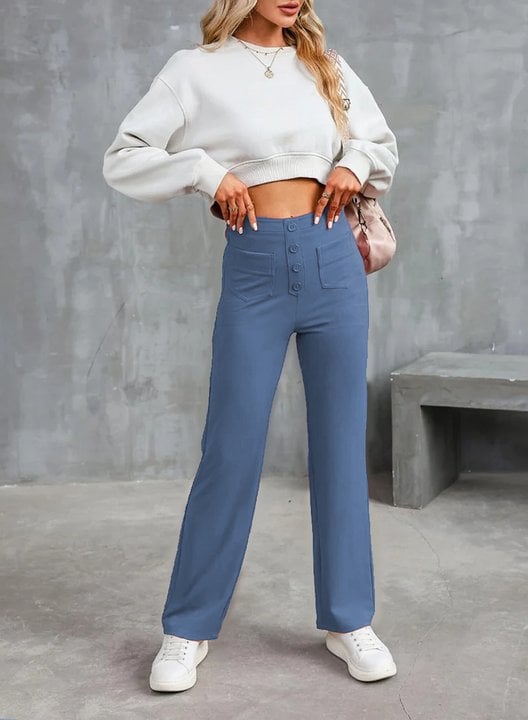 Hose Damen blau hochtailliert mit Knopfdetails - 3 - Atelier-Zofia