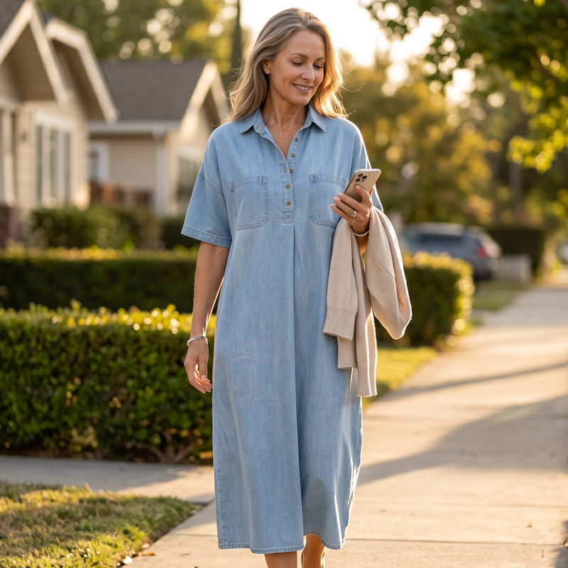 Maxikleid Damen blau tailliert mit kurzen Ärmeln und praktischen Taschen - 1 - Atelier-Zofia