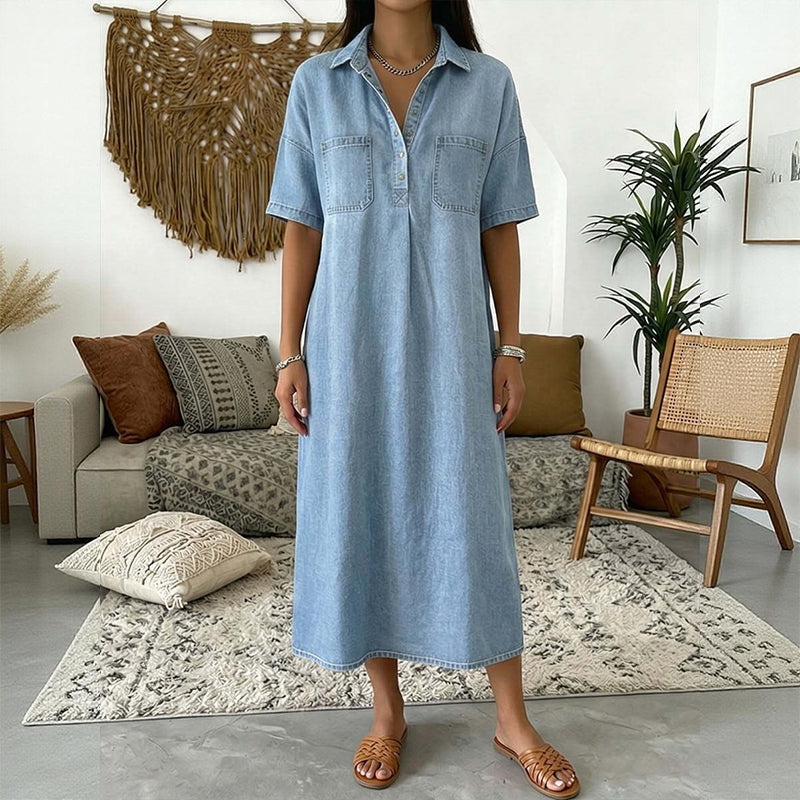 Maxikleid Damen blau tailliert mit kurzen Ärmeln und praktischen Taschen - 3 - Atelier-Zofia