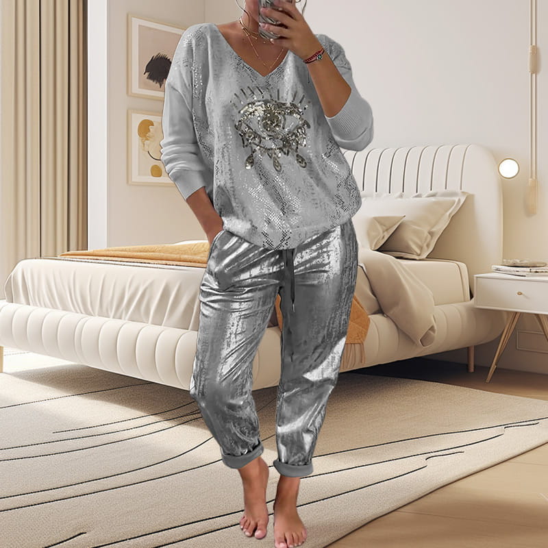 Outfit Damen schwarz mit V-Ausschnitt und Glitzer-Details - 2 - Atelier-Zofia