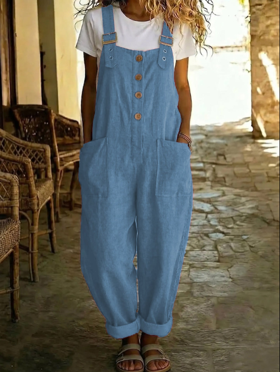 Latzhose Damen blau weit mit Knöpfen und praktischen Taschen - 3 - Atelier-Zofia