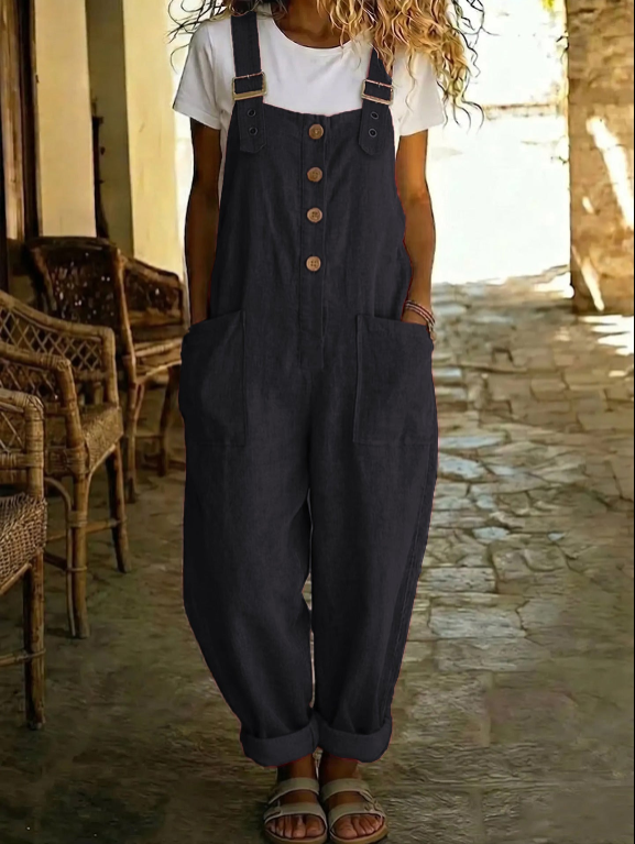 Latzhose Damen blau weit mit Knöpfen und praktischen Taschen - 4 - Atelier-Zofia