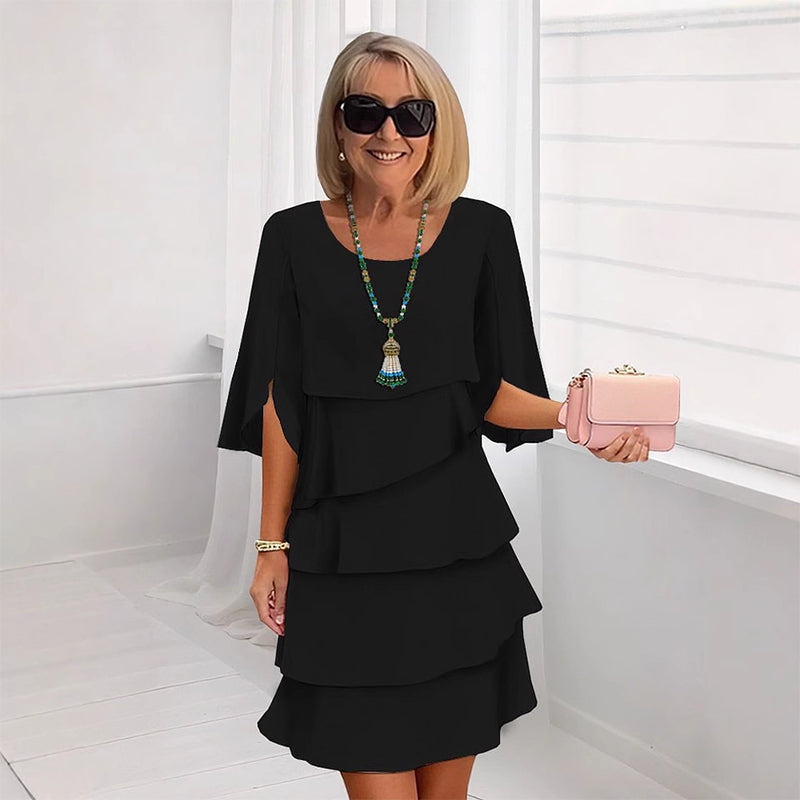 Kleid Damen schwarz figurbetont mit fließendem Schnitt und kurzen Ärmeln - 7 - Atelier-Zofia