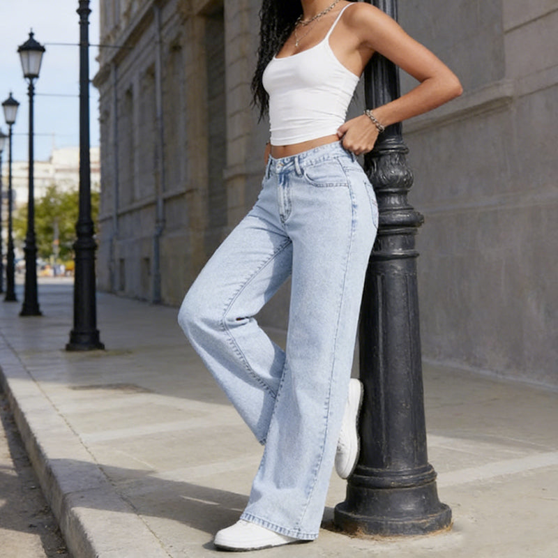 Hose Damen hellblau weit geschnitten mit hohem Bund - 1 - Atelier-Zofia