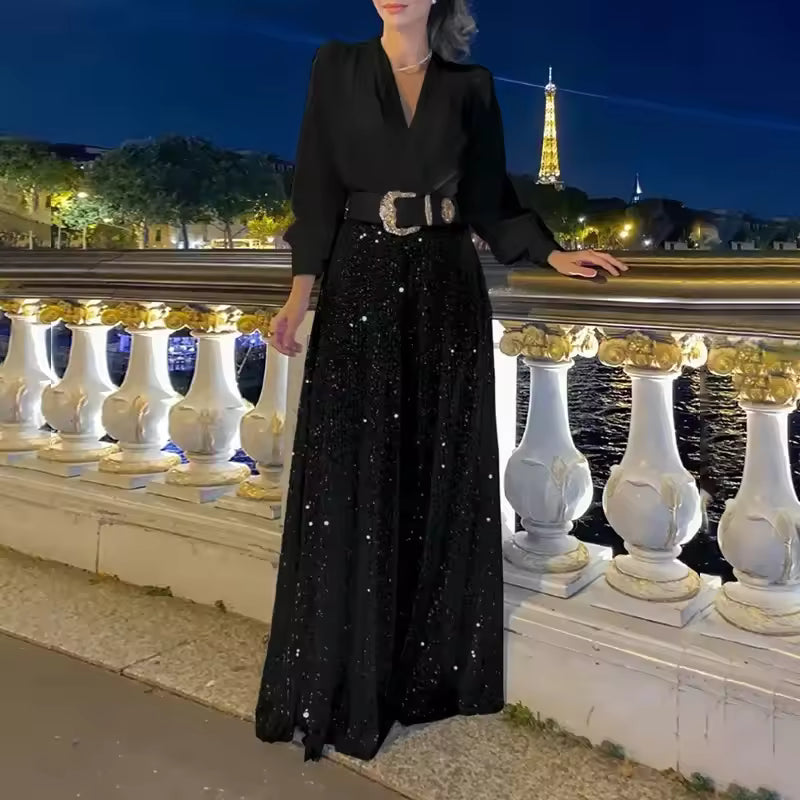 Maxikleid Damen schwarz figurbetont mit V-Ausschnitt und langen Ärmeln - 2 - Atelier-Zofia