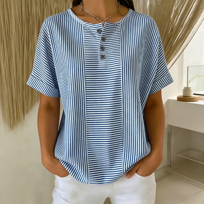 Bluse Damen blau gestreift mit Knopfverschluss und kurzen Ärmeln - 2 - Atelier-Zofia