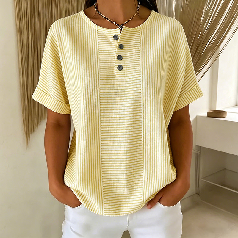 Bluse Damen blau gestreift mit Knopfverschluss und kurzen Ärmeln - 3 - Atelier-Zofia