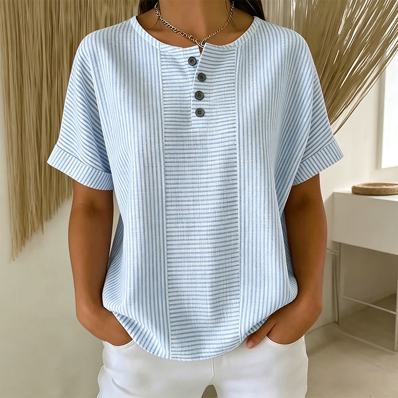 Bluse Damen blau gestreift mit Knopfverschluss und kurzen Ärmeln - 4 - Atelier-Zofia