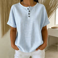 Bluse Damen blau gestreift mit Knopfverschluss und kurzen Ärmeln - 4 - Atelier-Zofia