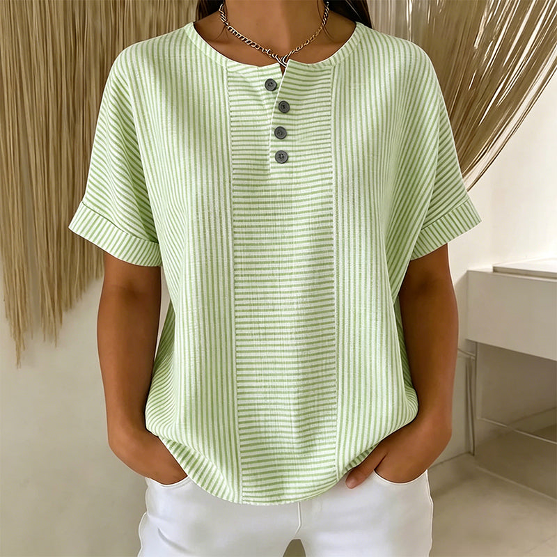Bluse Damen blau gestreift mit Knopfverschluss und kurzen Ärmeln - 5 - Atelier-Zofia