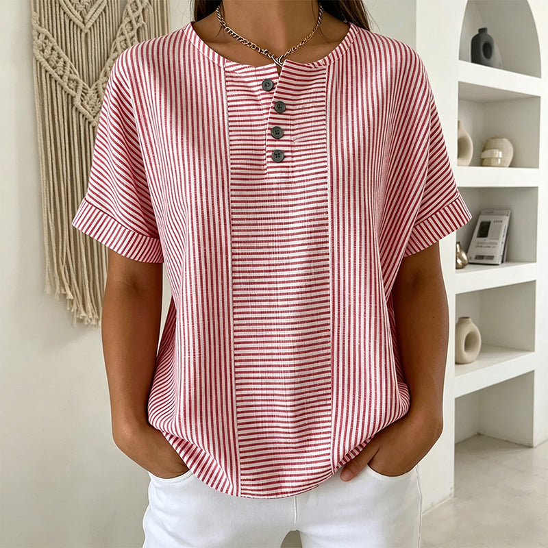 Bluse Damen blau gestreift mit Knopfverschluss und kurzen Ärmeln - 6 - Atelier-Zofia