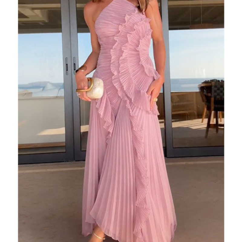 Maxikleid Damen rosa figurbetont mit Rüschen und schulterfrei - 1 - Atelier-Zofia